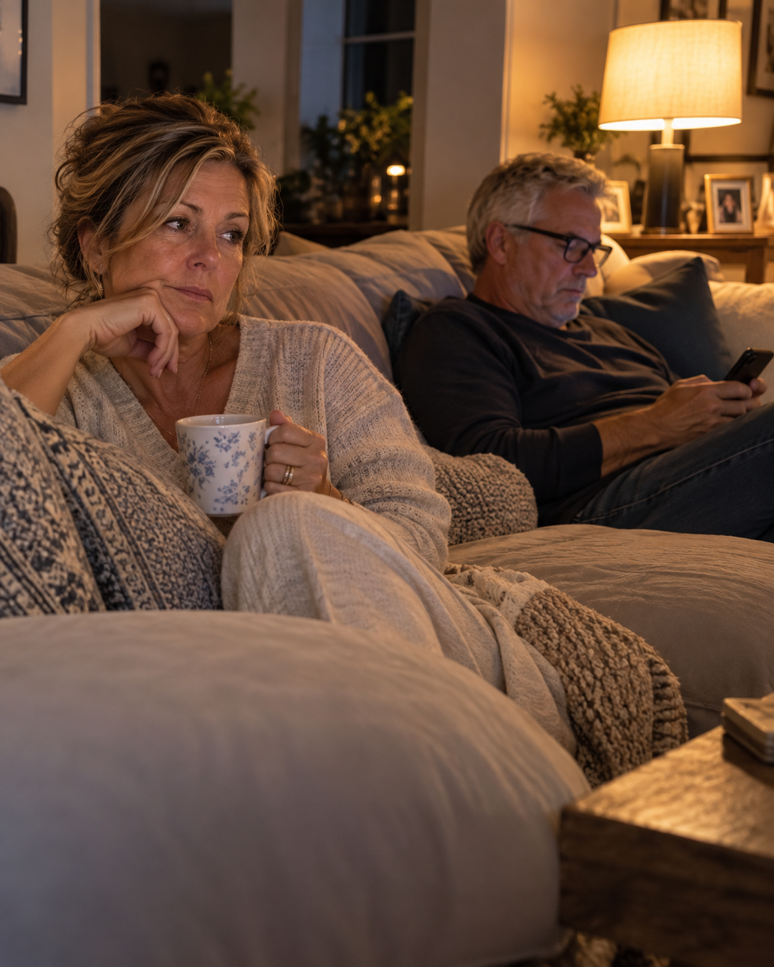 A mature couple sitting apart in their shared living room