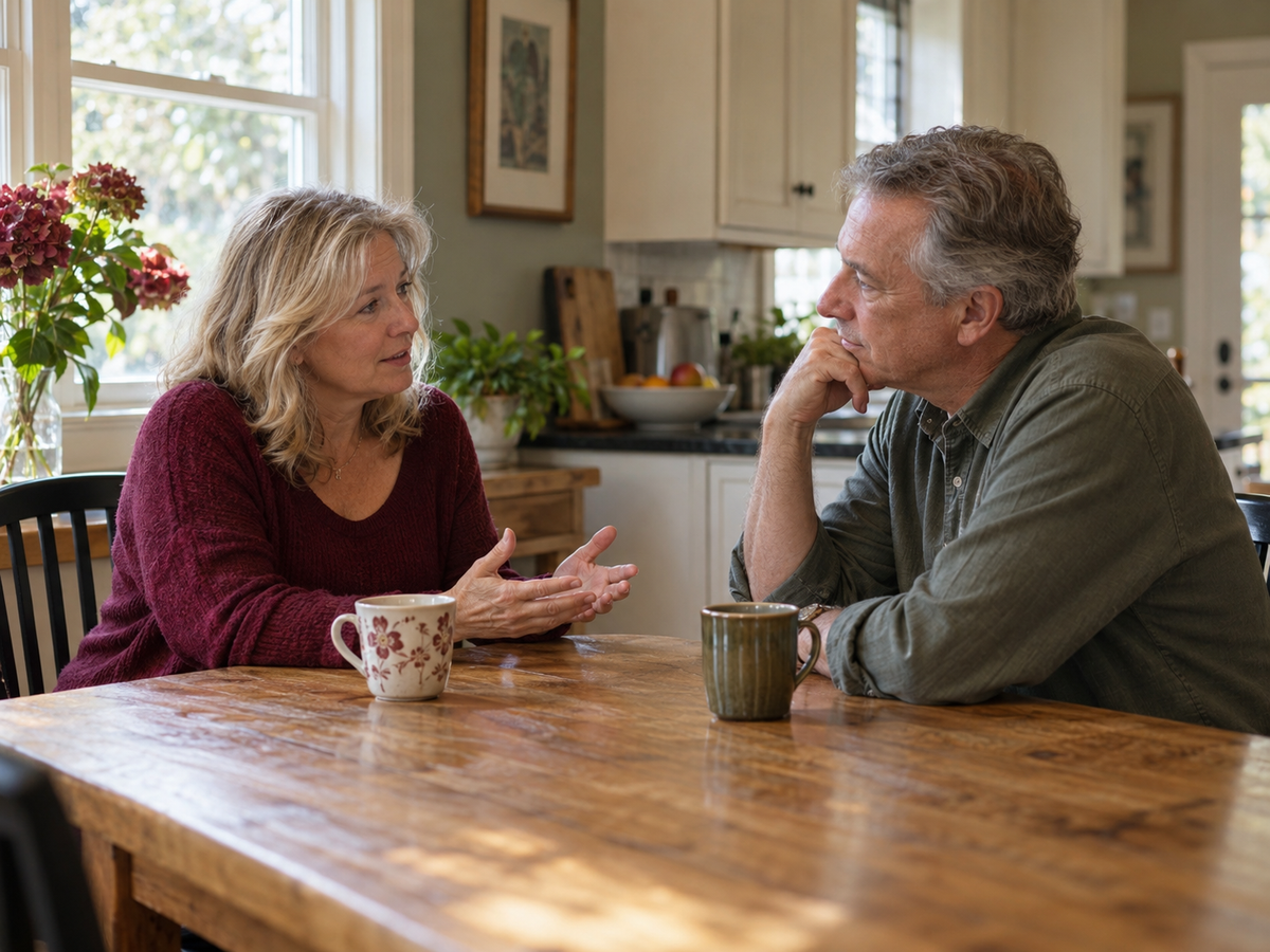 A mature couple having a gentle conversation at home