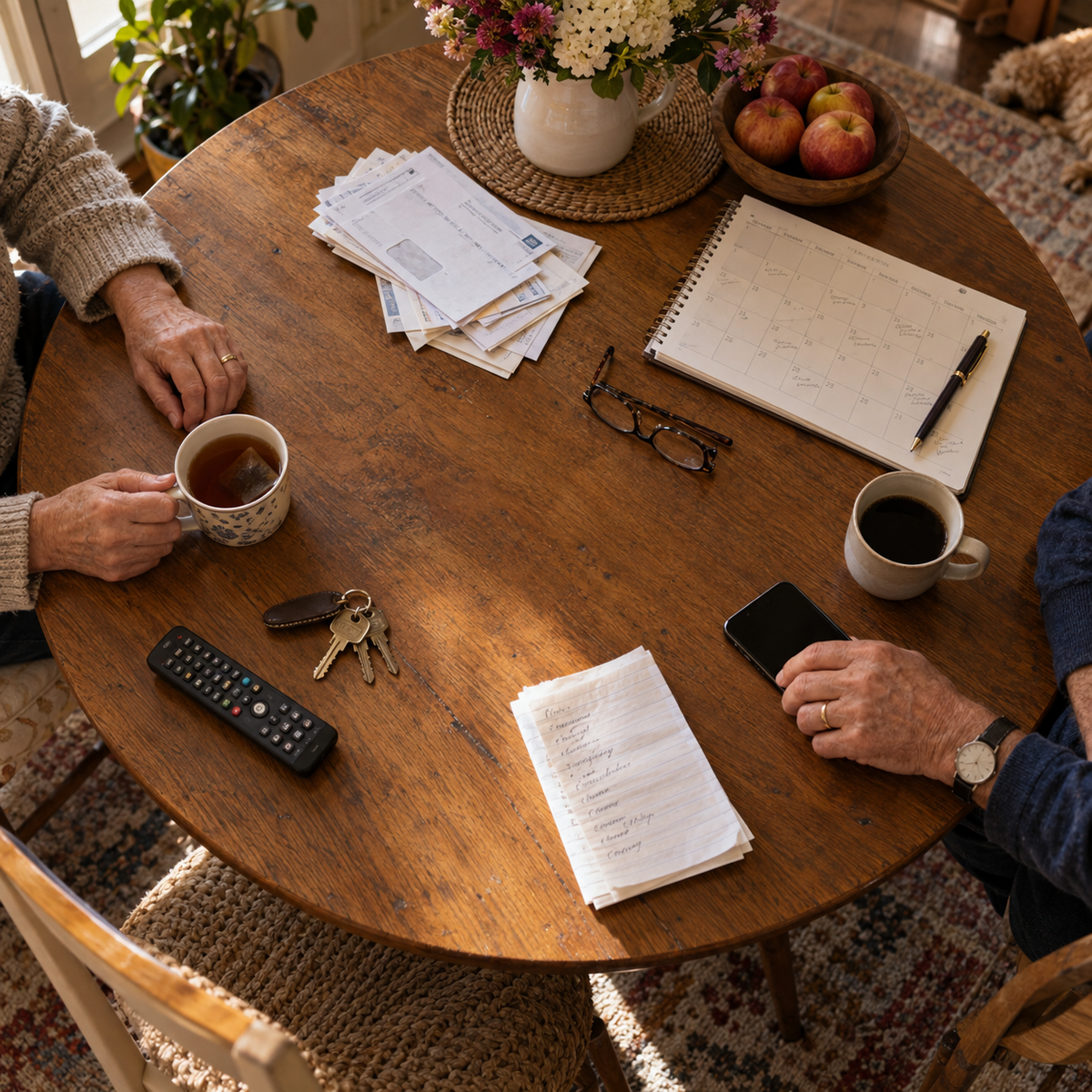 Two people sharing tea at a table with everyday paperwork