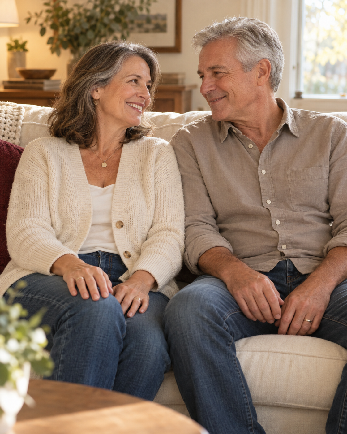 A mature couple sharing a quiet moment of affection